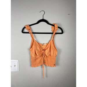 Roxy Smocked Crop Top Tie Front Button Detail Orange Peach Sleeveless Size L